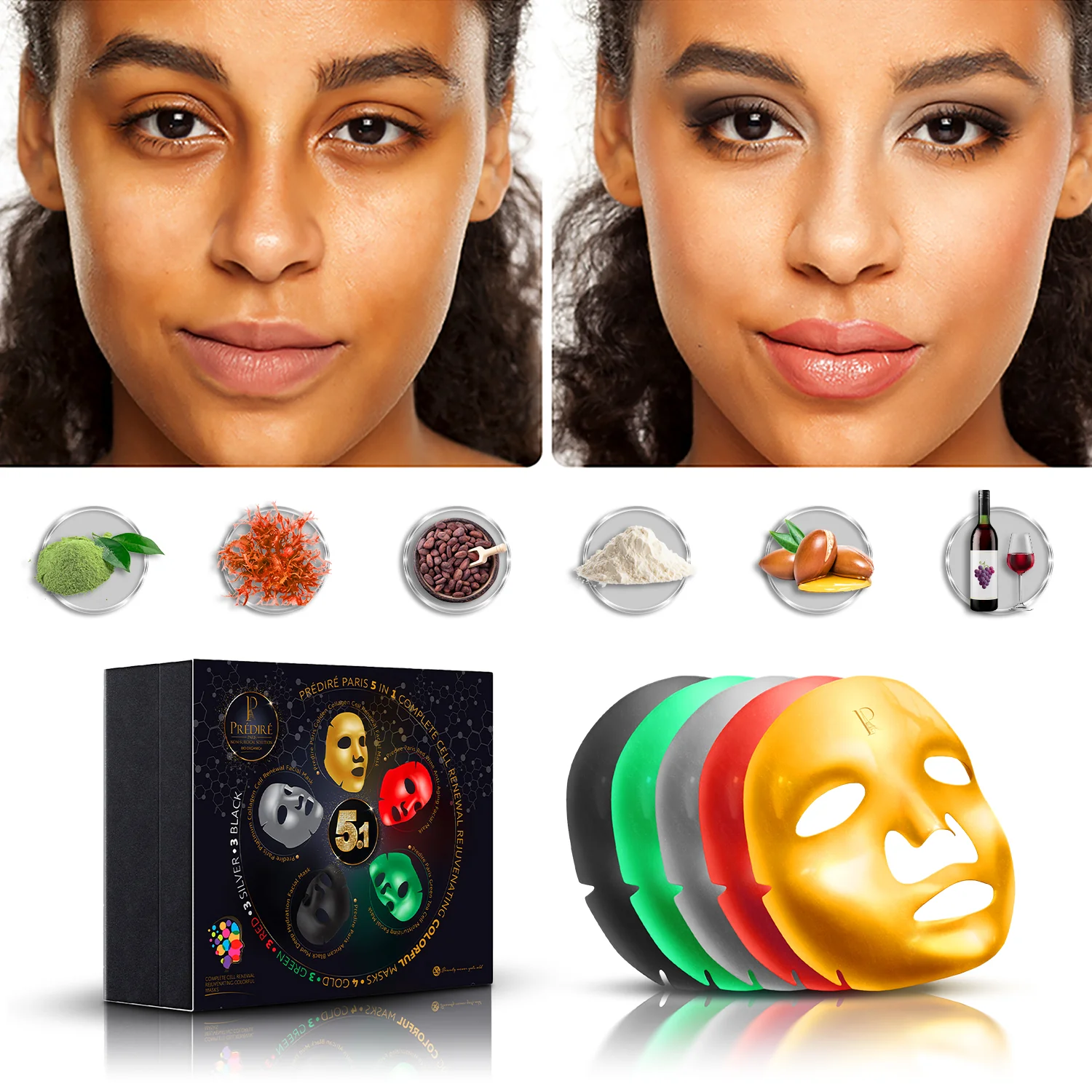 5 in 1 Complete Renewal Rejuvenating Colorful Masks | Gold, Silver, Red, Green, & Black | 16 Piece Set - Image 4